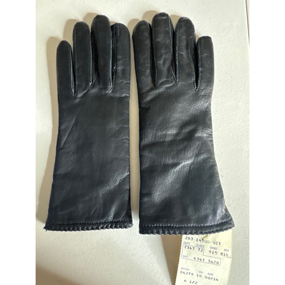 Grandoe Vintage Black Leather Gloves Women Size 6.5 Acrylic Lined Scallop Trim